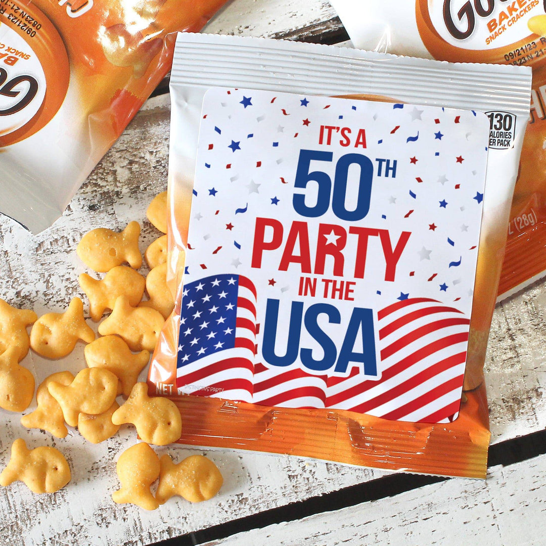 50th Birthday: Red White & Blue - Popcorn, Chip Bag, and Snack Bag Stickers - 32 Stickers