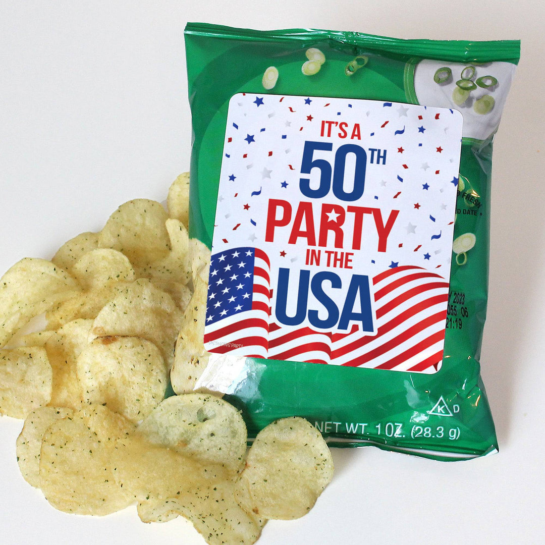 50th Birthday: Red White & Blue - Popcorn, Chip Bag, and Snack Bag Stickers - 32 Stickers