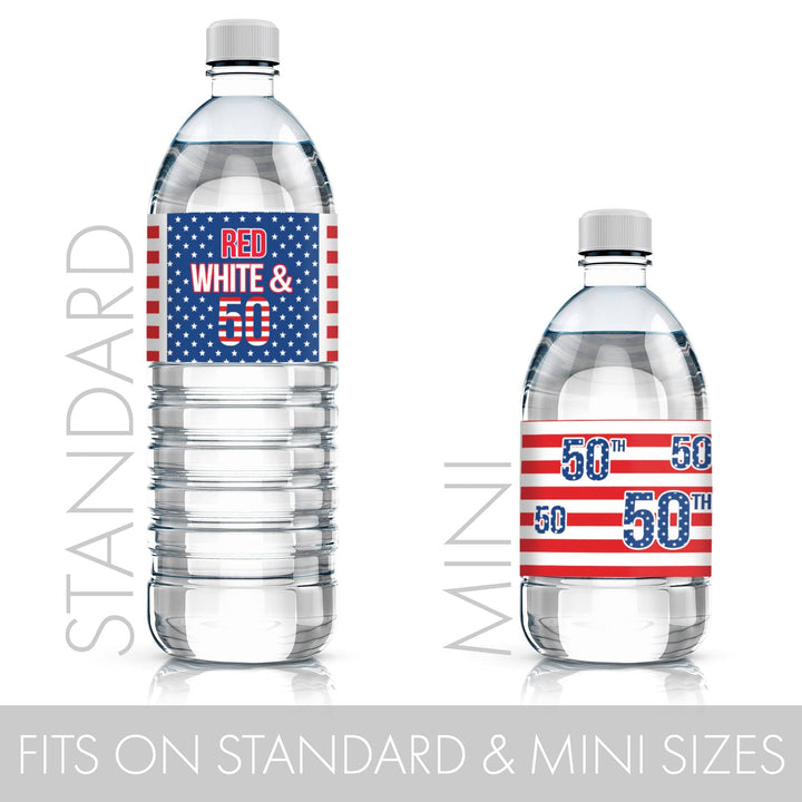 50th Birthday: Red White & Blue - Water Bottle Labels - 24 Waterproof Stickers