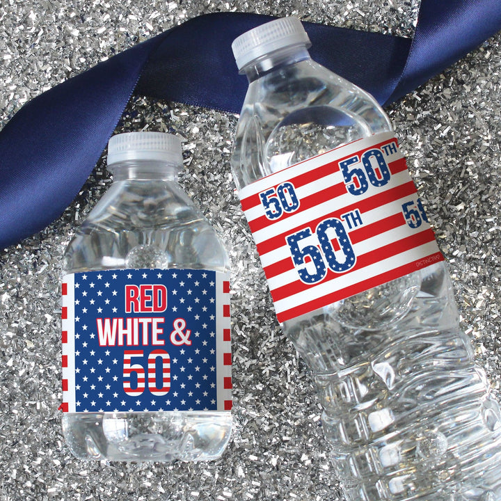 50th Birthday: Red White & Blue - Water Bottle Labels - 24 Waterproof Stickers