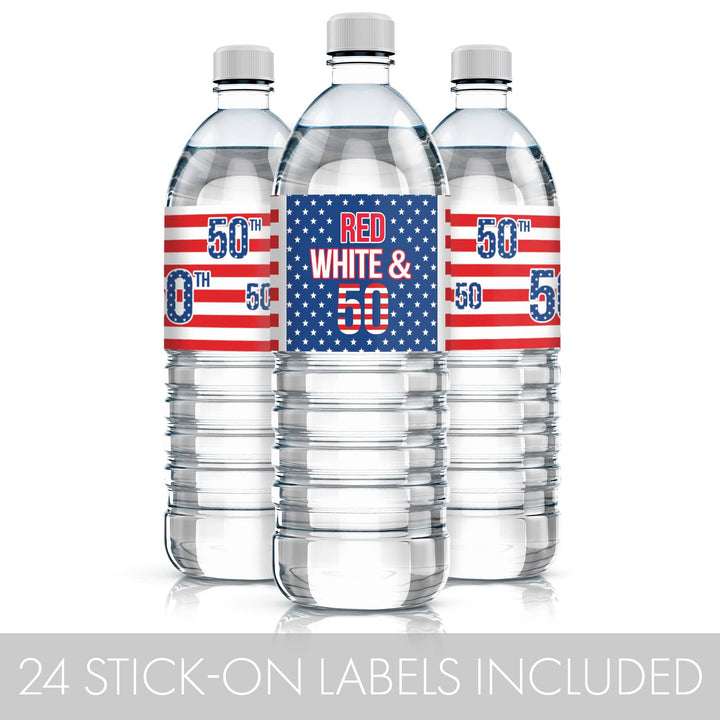 50th Birthday: Red White & Blue - Water Bottle Labels - 24 Waterproof Stickers