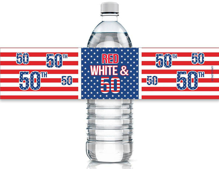 50th Birthday: Red White & Blue - Water Bottle Labels - 24 Waterproof Stickers