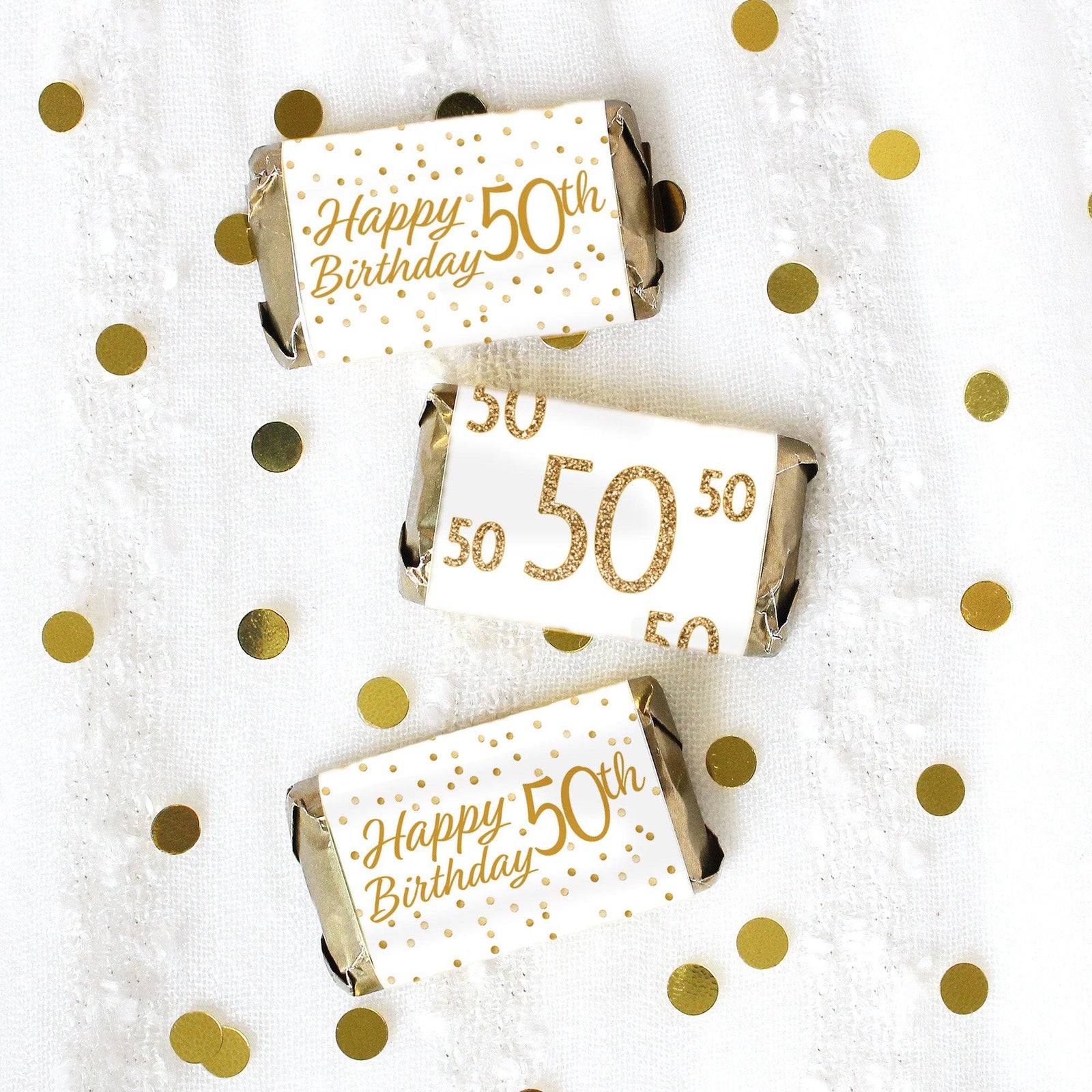 50th Birthday: White and Gold - Adult Birthday - Hershey's Miniatures Candy Bar Wrappers Stickers - 45 Stickers - Distinctivs Party