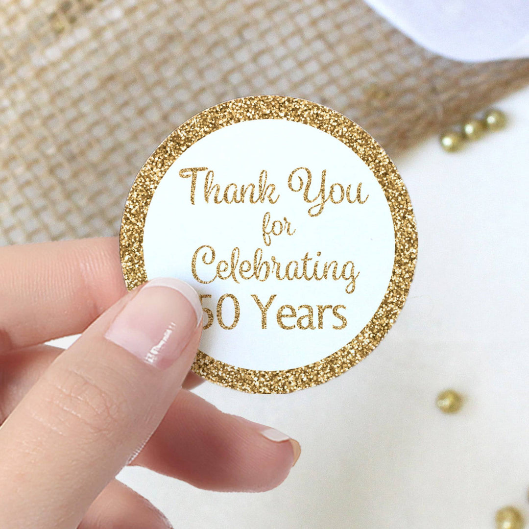 50th Birthday: White and Gold - Adult Birthday -  Thank You Round Favor Stickers - 40 Stickers - Distinctivs Party