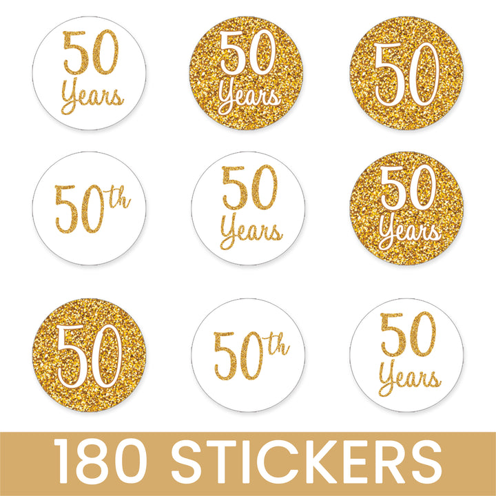 Gold 50th Anniversary: Round Party Favor Stickers - Fits on Chocolate Kisses - 180 Stickers