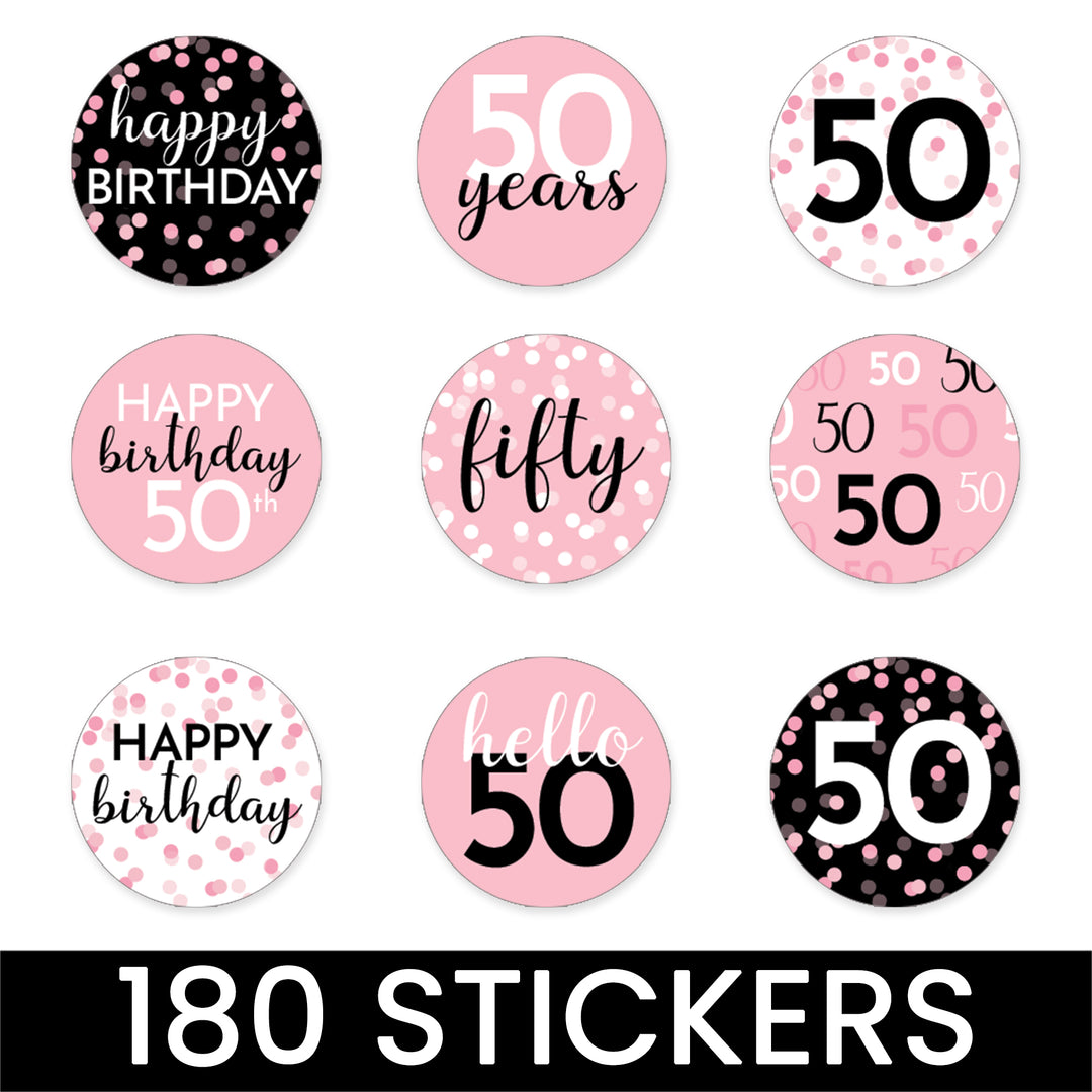50 cumpleaños: rosa y negro - Cumpleaños de adultos - Pegatinas para regalos de fiesta - Se adapta a Hershey's Kisses - 180 pegatinas