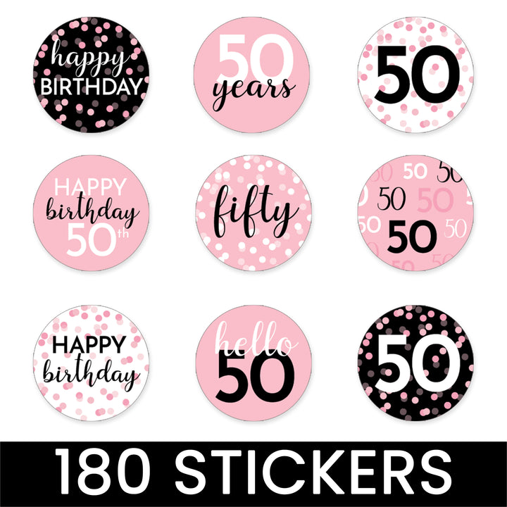 50 cumpleaños: rosa y negro - Cumpleaños de adultos - Pegatinas para regalos de fiesta - Se adapta a Hershey's Kisses - 180 pegatinas