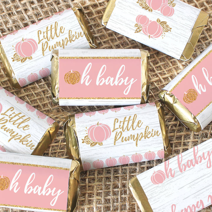 Little Pumpkin: Pink & Gold - Baby Shower - Mini Candy Bar Wrappers-  Fall, Girl  - 42 Stickers