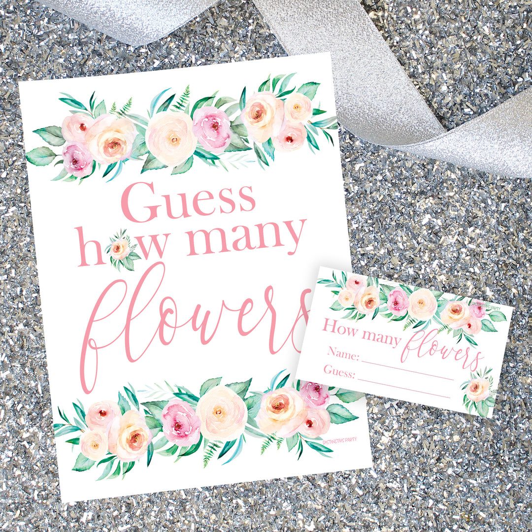 Pink Floral: How Many Flowers in the Jar Floral Party Game - Baby Shower, Bridal, Birthday - Distinctivs Party