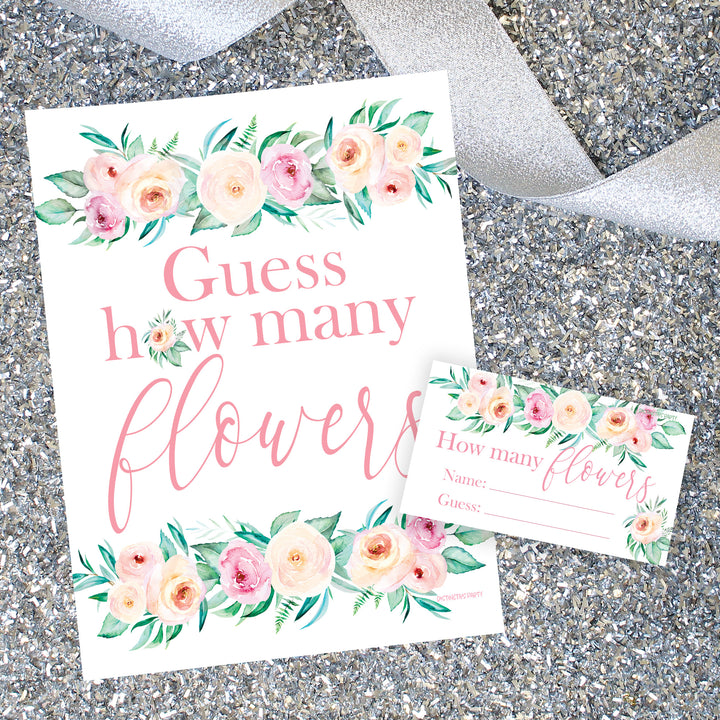 Pink Floral: How Many Flowers in the Jar Floral Party Game - Baby Shower, Bridal, Birthday - Distinctivs Party