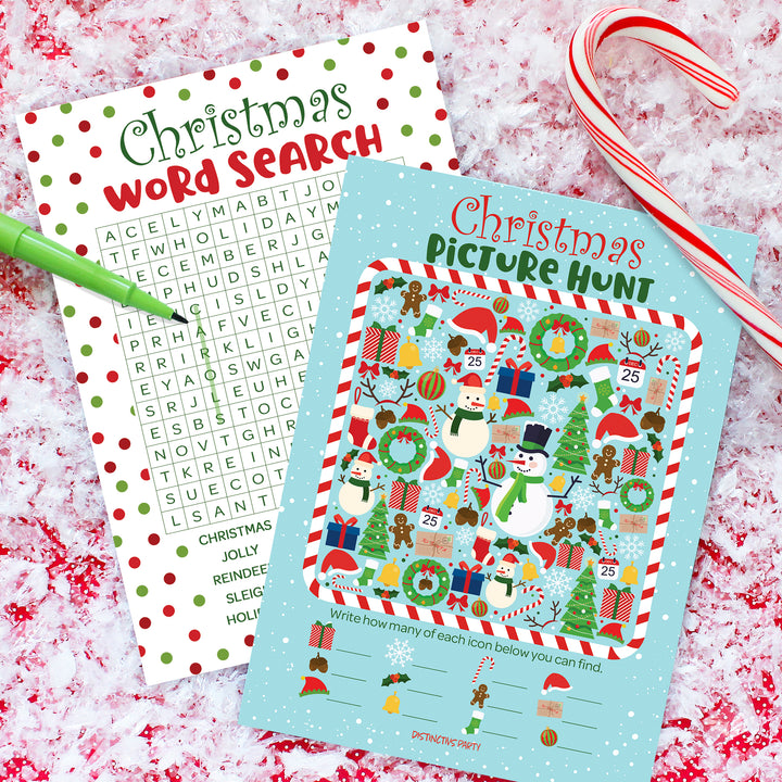 Christmas Cheer: Christmas Party Game Bundle- Word Search, Picture Hunt, Code Break & Connect the Dots - 4 Games for 25 Kids