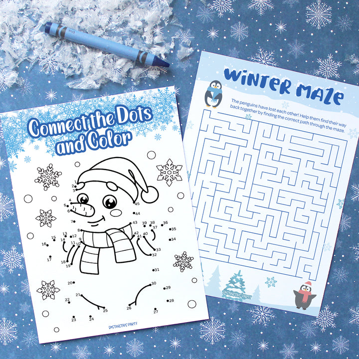 Winter Games: Blue Snowflakes - Picture Hunt, Code Break, Connect Dots, Maze - 4 Game Bundle for 25 Kids