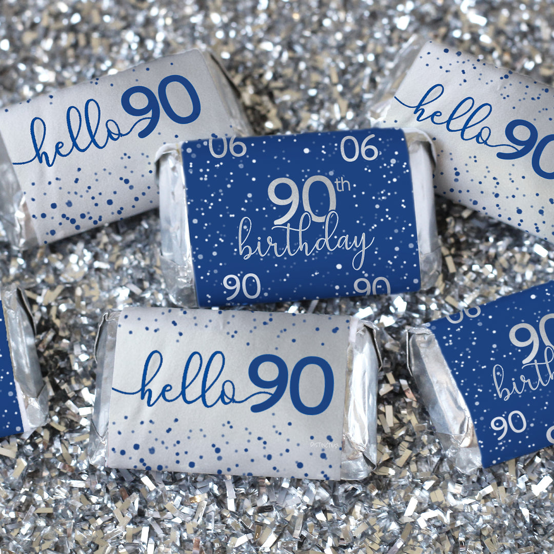 Blue and Silver 90th Birthday Candy Bar Stickers - Hershey's® Miniatures Candy Bar Wrappers
