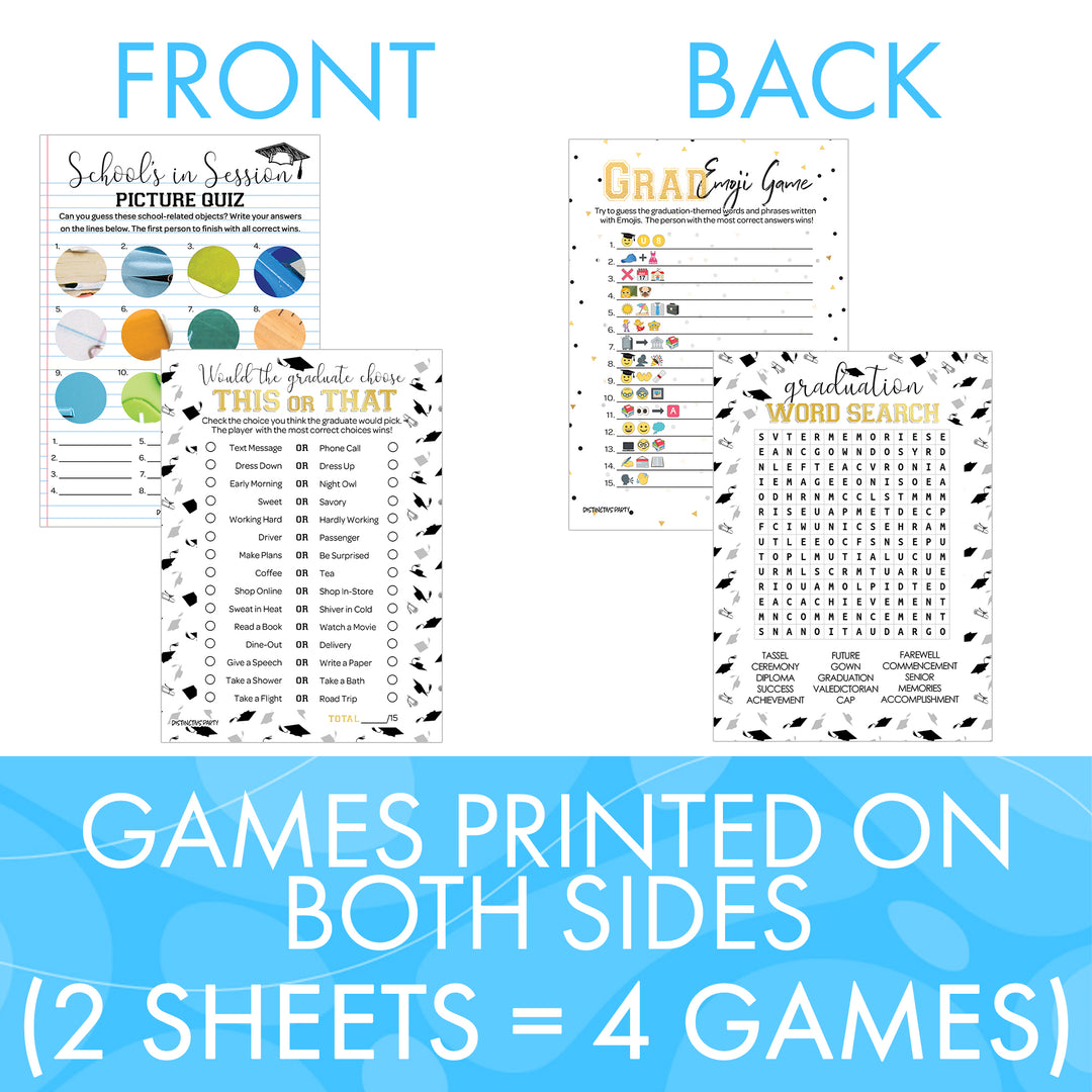 Graduation Party Game: This or That, Emoji Guessing Game, Picture Zoom, Word Search - Class of 2025 - Four Game Bundle - 25 Dual-Sided Game Cards