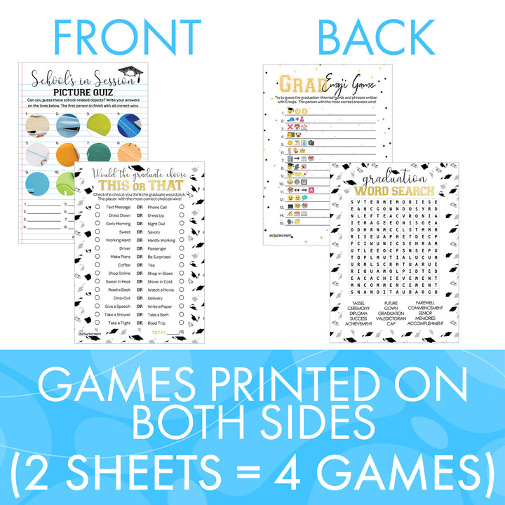 Graduation Party Game: This or That, Emoji Guessing Game, Picture Zoom, Word Search - Class of 2025 - Four Game Bundle - 25 Dual-Sided Game Cards