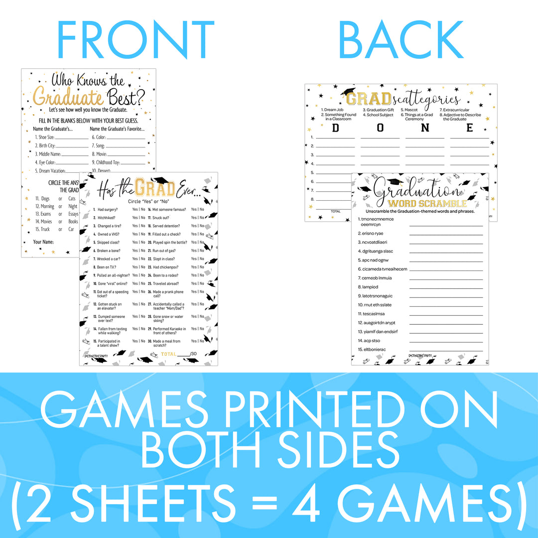 Graduation Party Game: Who Knows the Grad Best, Has the Grad Ever, Scattergories, and Word Scramble- Class of 2025 - Four Game Bundle - 25 Dual-Sided Game Cards