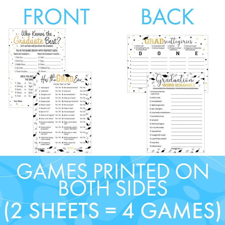 Graduation Party Game: Who Knows the Grad Best, Has the Grad Ever, Scattergories, and Word Scramble- Class of 2025 - Four Game Bundle - 25 Dual-Sided Game Cards