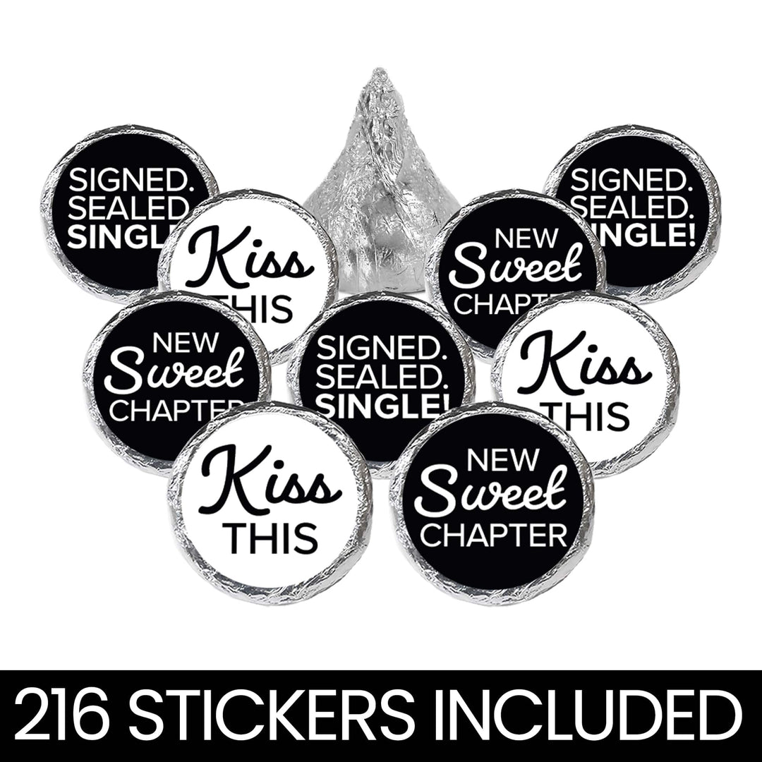 Signed Sealed Single Divorce Party Candy Stickers for Chocolate Kisses – 216 Black & White Party Favor Labels