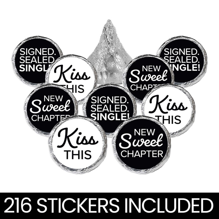 Signed Sealed Single Divorce Party Candy Stickers for Chocolate Kisses – 216 Black & White Party Favor Labels
