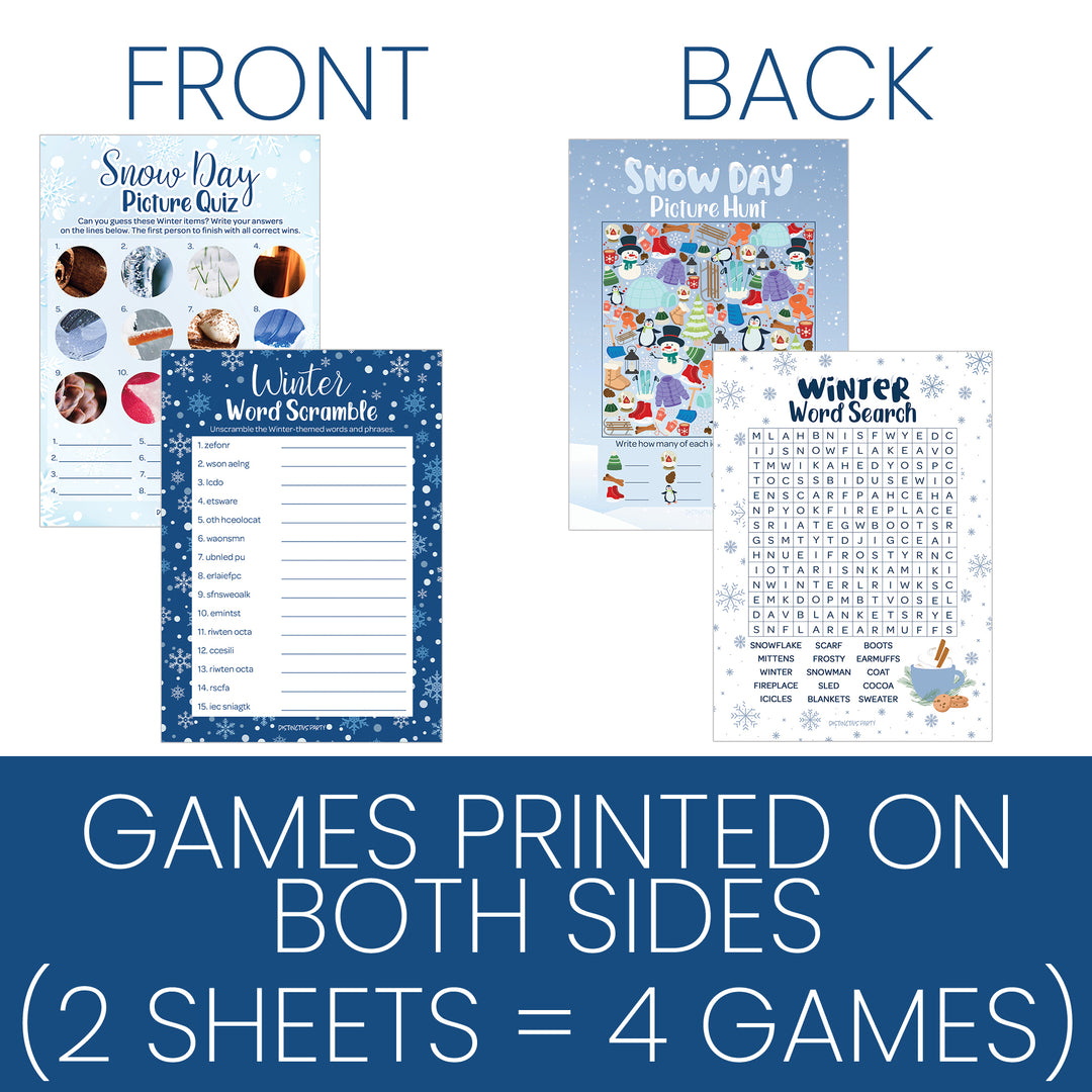 Winter Game: Blue Snowflakes - Winter Word Search, Picture Hunt , Word Scramble and Picture Quiz- 4 Game Bundle for 25 Kids