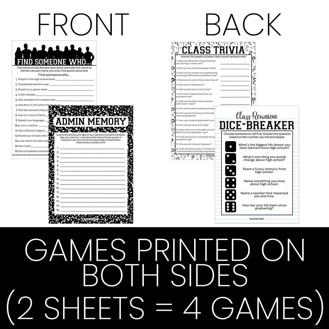 Class Reunion: Party Game Bundle - Class Trivia, Dice Breaker, Find Someone Who & Admin Memory - 4 Games for 20 Players - 40 Dual Sided Cards