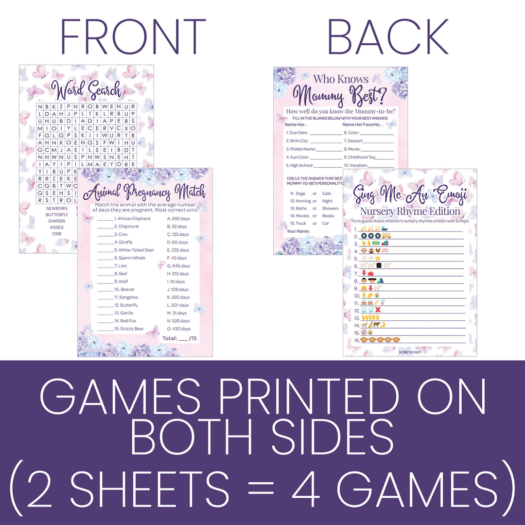 Butterfly: Baby Shower - Party Game Bundle - Emoji, Animal Match, Word Search, & Who Knows Mommy Best - 4 Games for 20 Players - 40 Dual Sided Cards