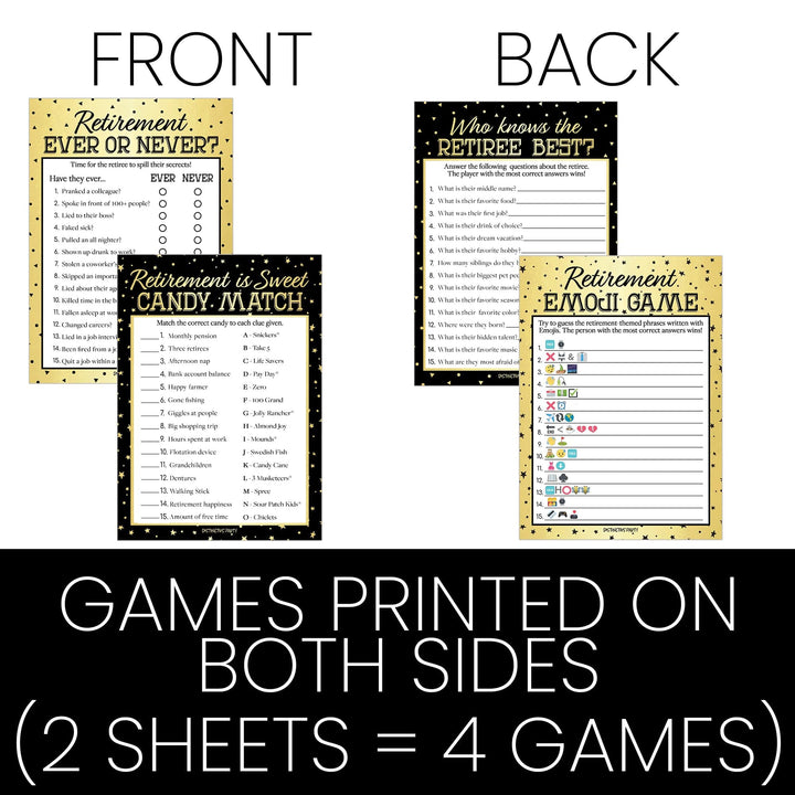 Retirement: Black and Gold -  Party Game Bundle, 4 Games for 20 Players - 40 Dual Sided Cards