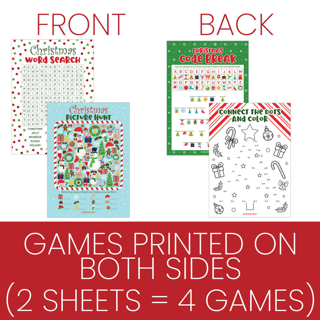 Christmas Cheer: Christmas Party Game Bundle- Word Search, Picture Hunt, Code Break & Connect the Dots - 4 Games for 25 Kids