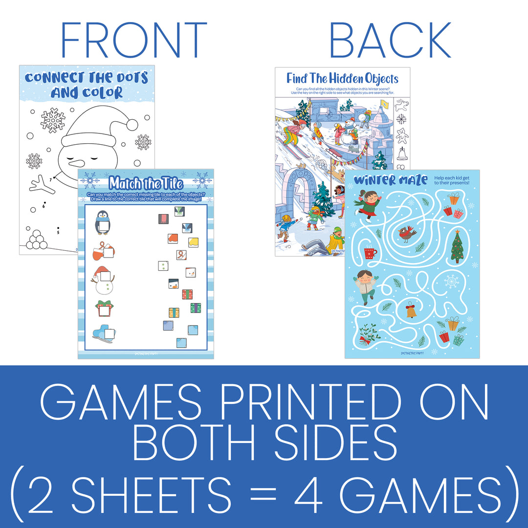 Winter Games: Blue Snowflakes - Hidden Objects, Matching, Maze, Connect the Dots - Preschool - 4 Game Bundle for 25 Kids