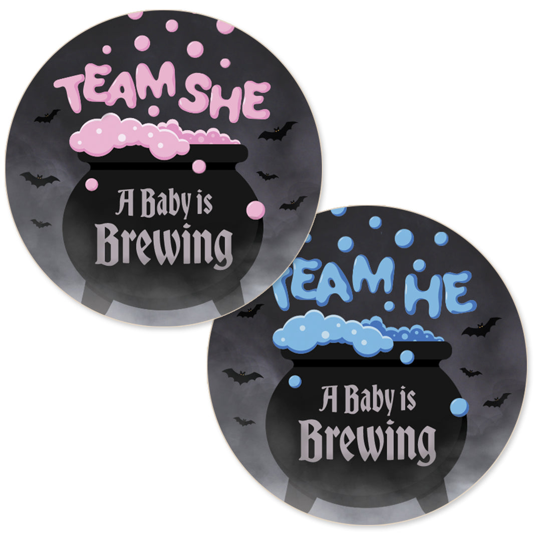 Halloween Gender Reveal Party: Pink and Blue Baby is Brewing- Baby Shower - Team He or Team She Voting - 40 Stickers