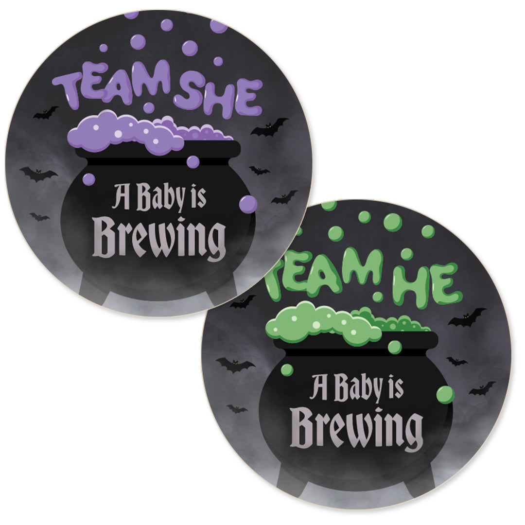 Halloween Gender Reveal Party: Purple and Green Baby is Brewing- Baby Shower - Team He or Team She Voting - 40 Stickers