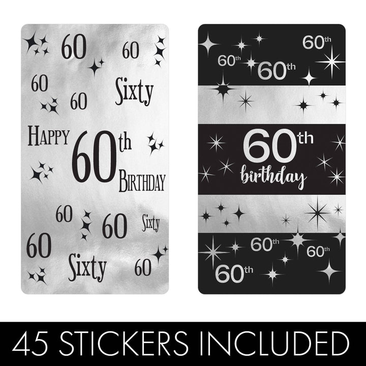 60th Birthday: Black and Silver - Adult Birthday - Hershey's Miniatures Candy Bar Wrappers Stickers - 45 Stickers - Distinctivs Party