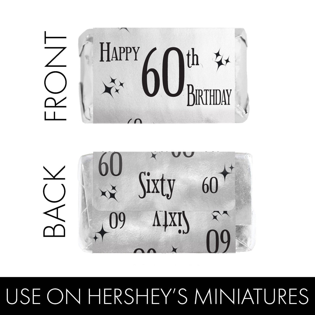 60th Birthday: Black and Silver - Adult Birthday - Hershey's Miniatures Candy Bar Wrappers Stickers - 45 Stickers - Distinctivs Party