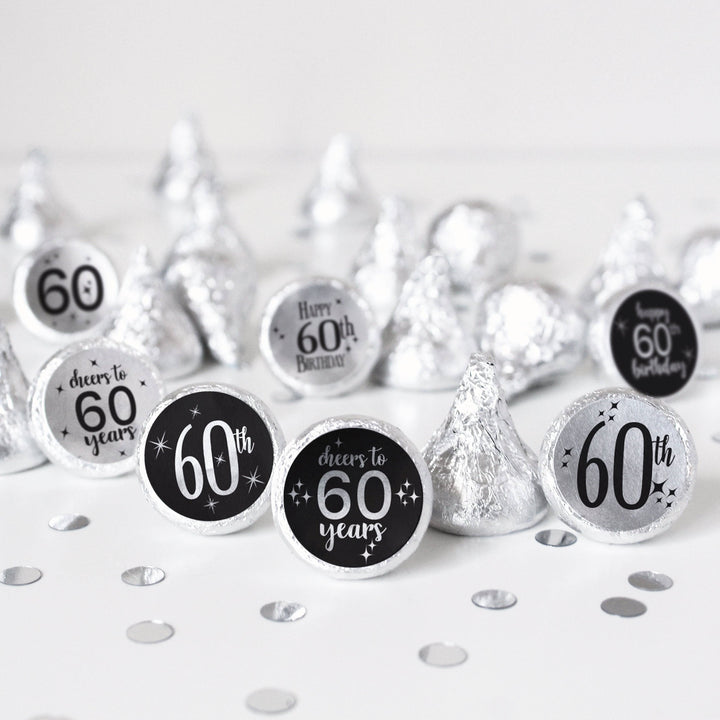 60th Birthday: Black and Silver - Adult Birthday -  Party Favor Stickers - Fits on Hershey's Kisses - 180 Stickers - Distinctivs Party