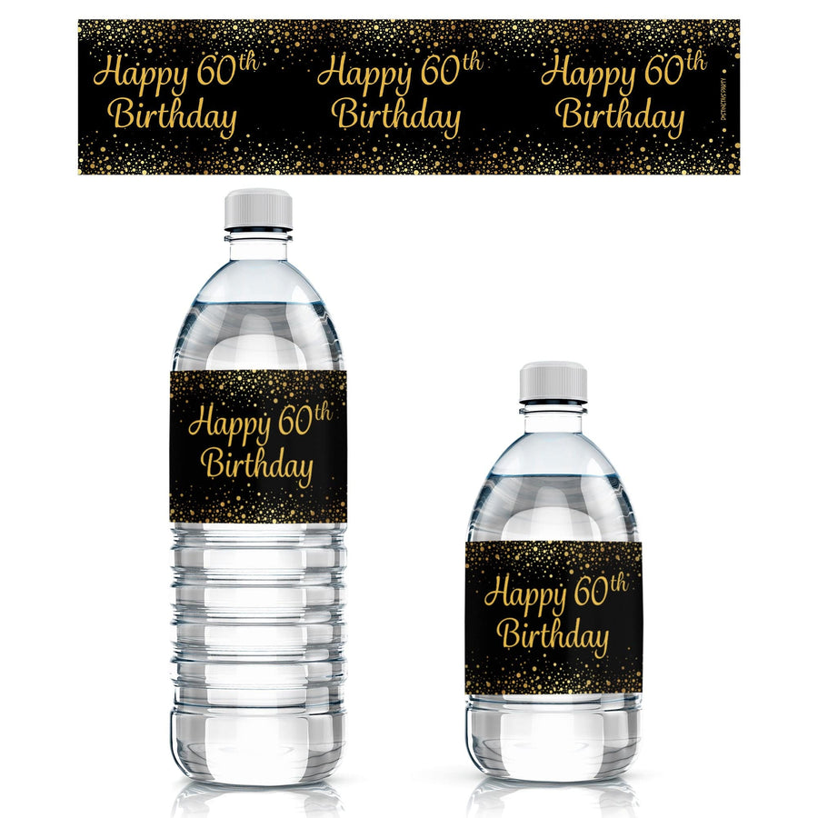 60th Birthday: Black & Gold - Adult Birthday - Water Bottle Labels - 24 Stickers - Distinctivs Party