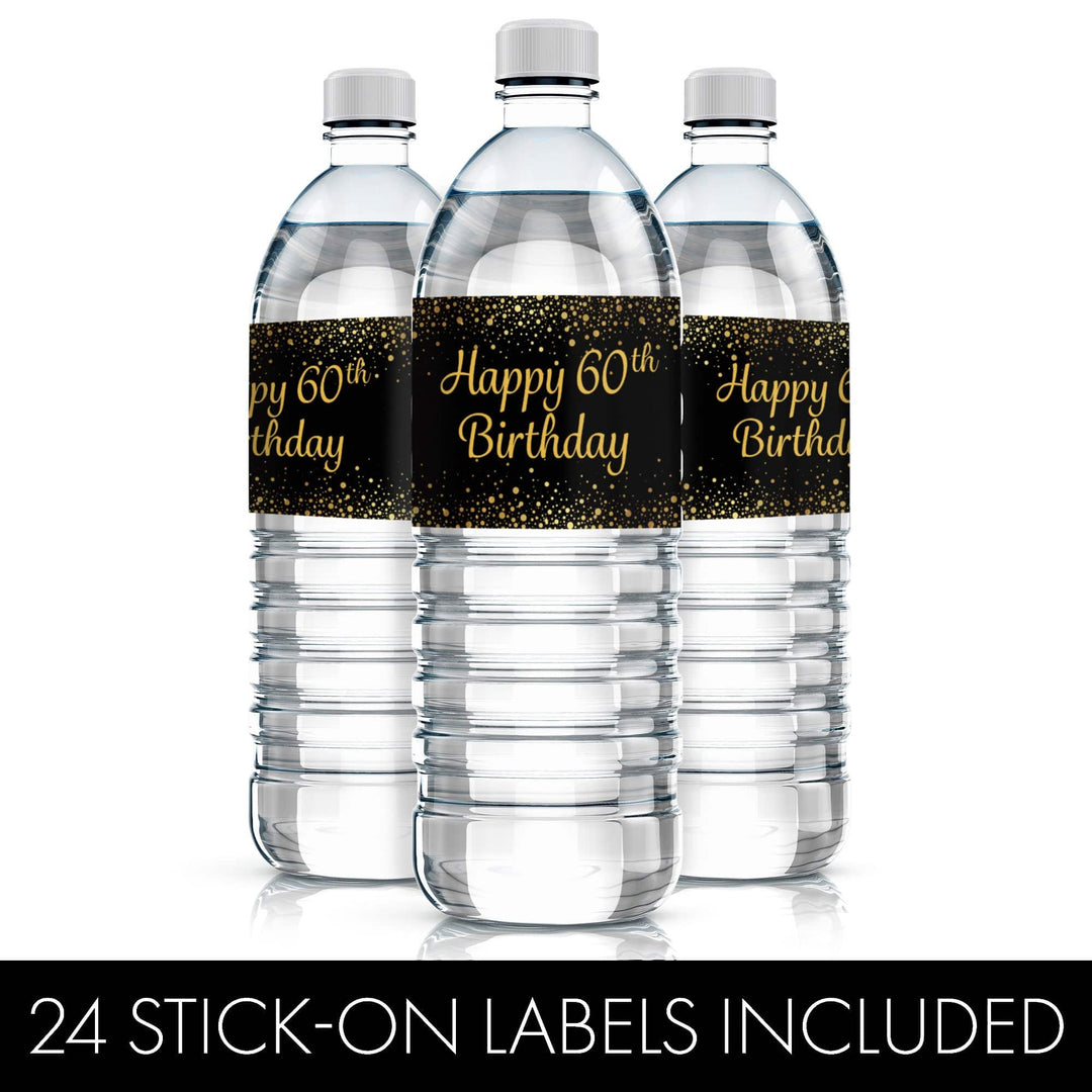 60th Birthday: Black & Gold - Adult Birthday - Water Bottle Labels - 24 Stickers - Distinctivs Party