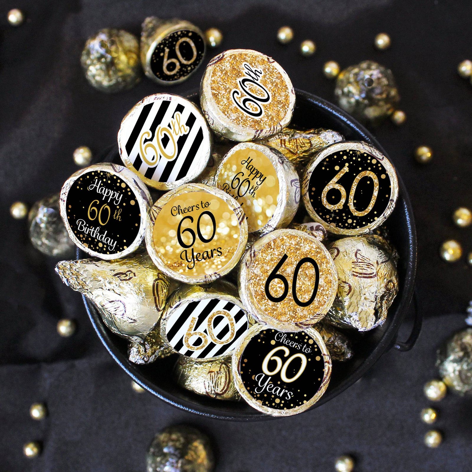 60th Birthday: Black & Gold - Fits on Hershey's Kisses - 180 Stickers - Distinctivs Party