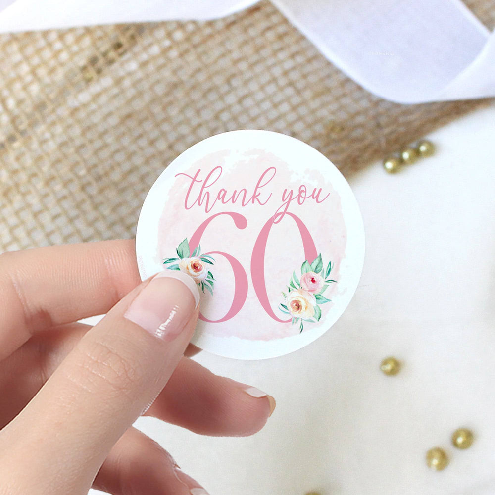 60th Birthday: Floral - Circle Label Thank You Stickers - 40 Stickers - Distinctivs Party