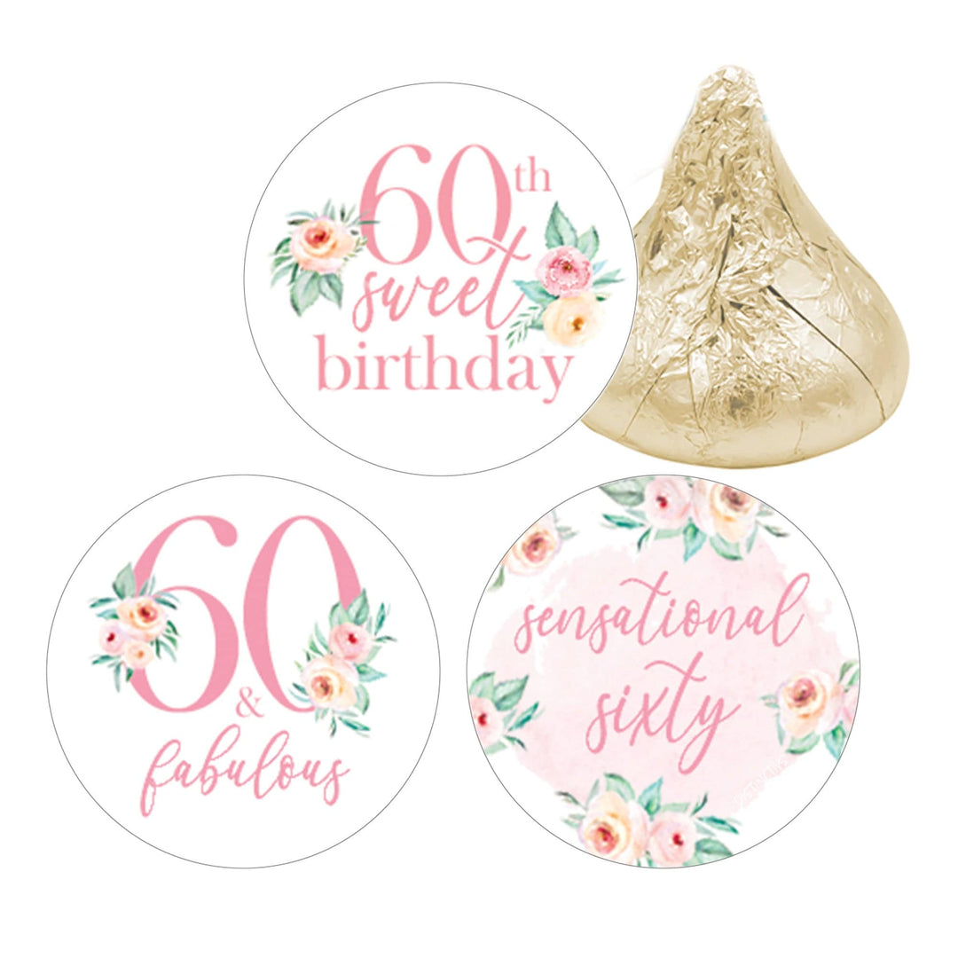 60th Birthday: Floral - Favor Stickers Fits on Hershey's Kisses - 180 Stickers