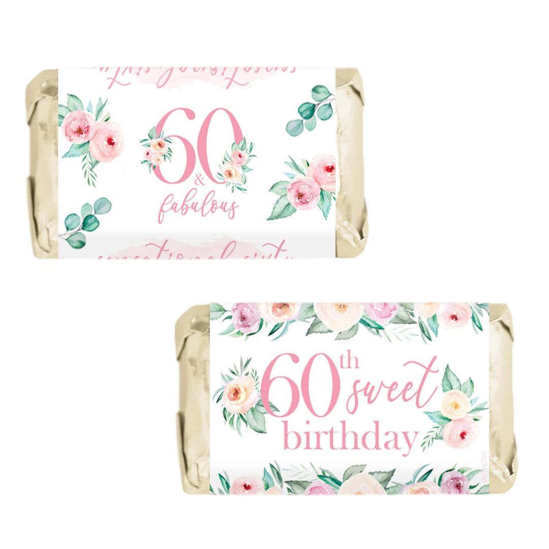 60th Birthday: Floral - Hershey's Miniatures Candy Bar Wrappers - 45 Stickers