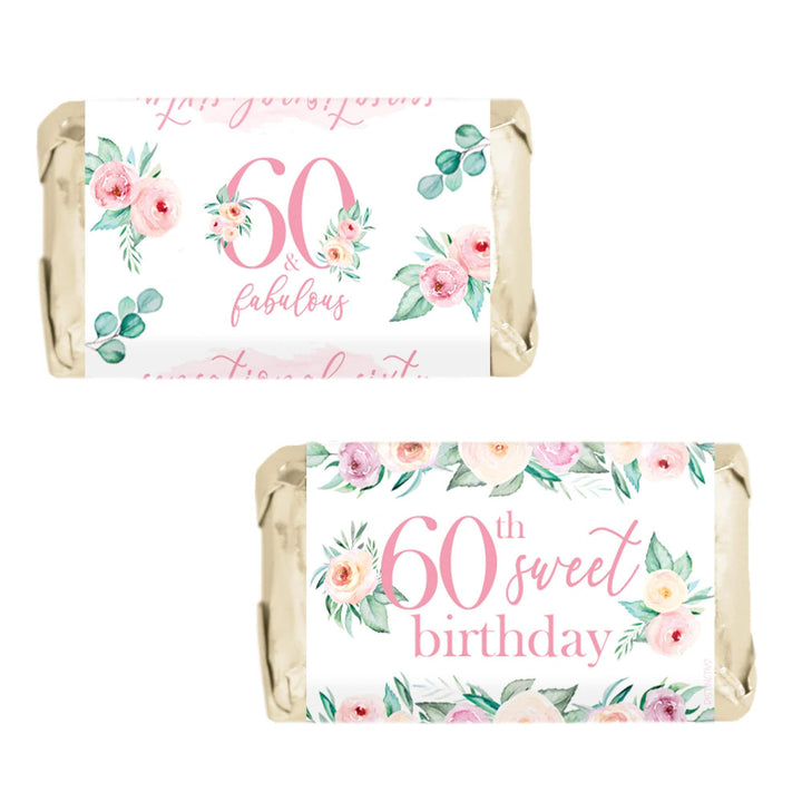 60th Birthday: Floral - Hershey's Miniatures Candy Bar Wrappers - 45 Stickers