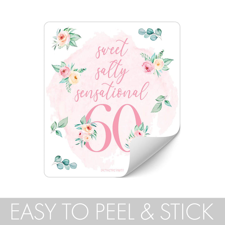 60th Birthday: Floral - Popcorn, Chip Bag, and Snack Bag Stickers - 32 Stickers