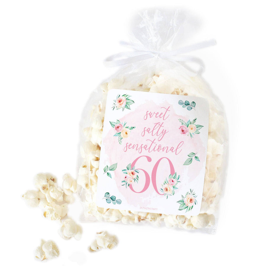 60th Birthday: Floral - Popcorn, Chip Bag, and Snack Bag Stickers - 32 Stickers - Distinctivs Party