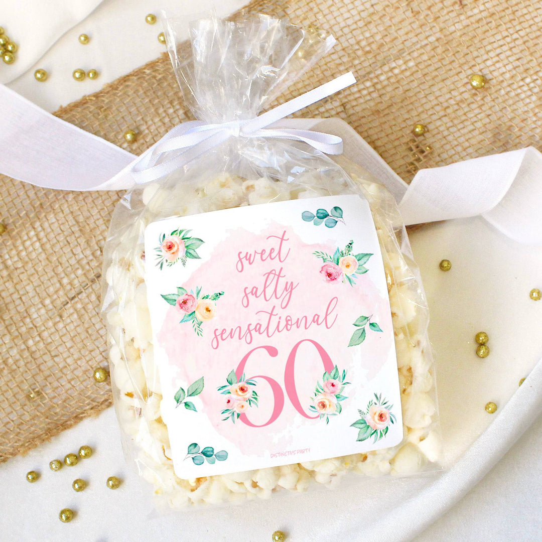 60th Birthday: Floral - Popcorn, Chip Bag, and Snack Bag Stickers - 32 Stickers