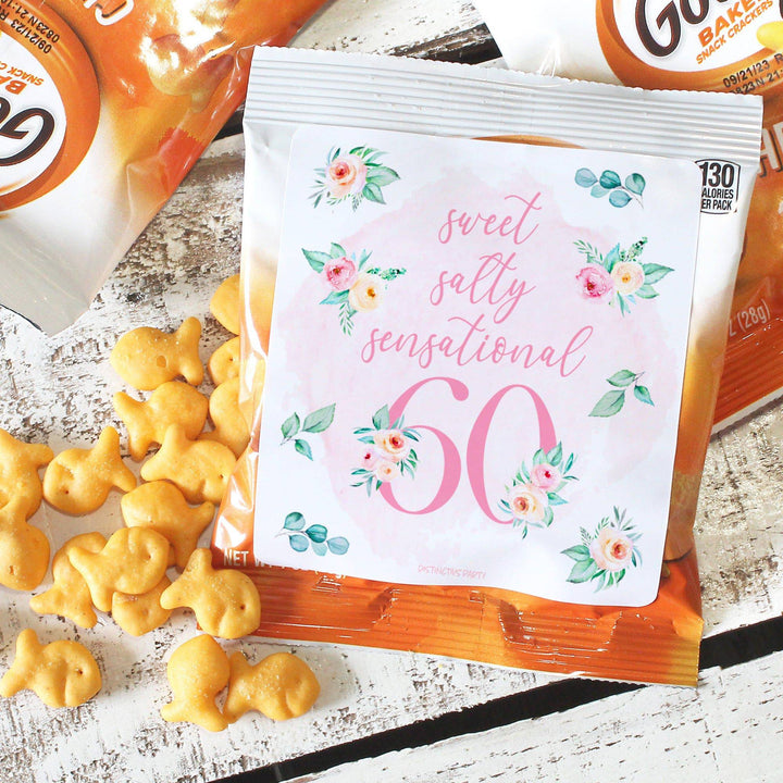 60th Birthday: Floral - Popcorn, Chip Bag, and Snack Bag Stickers - 32 Stickers