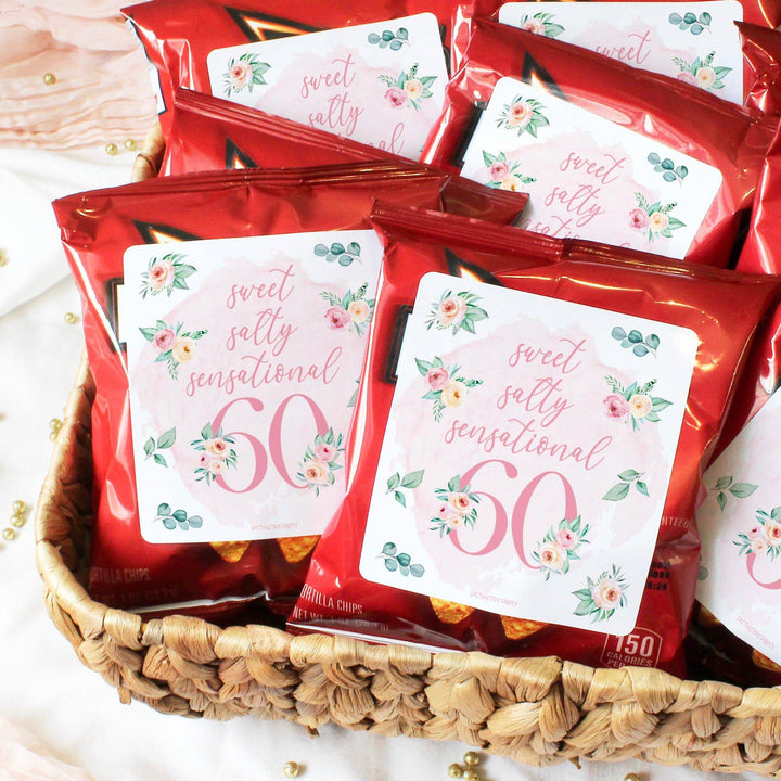 60th Birthday: Floral - Popcorn, Chip Bag, and Snack Bag Stickers - 32 Stickers