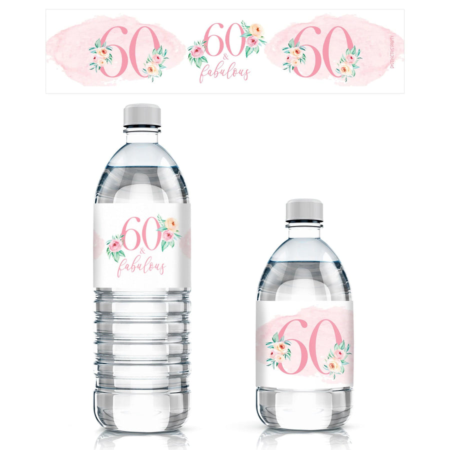 60th Birthday: Floral - Water Bottle Labels - 24 Waterproof Stickers - Distinctivs Party