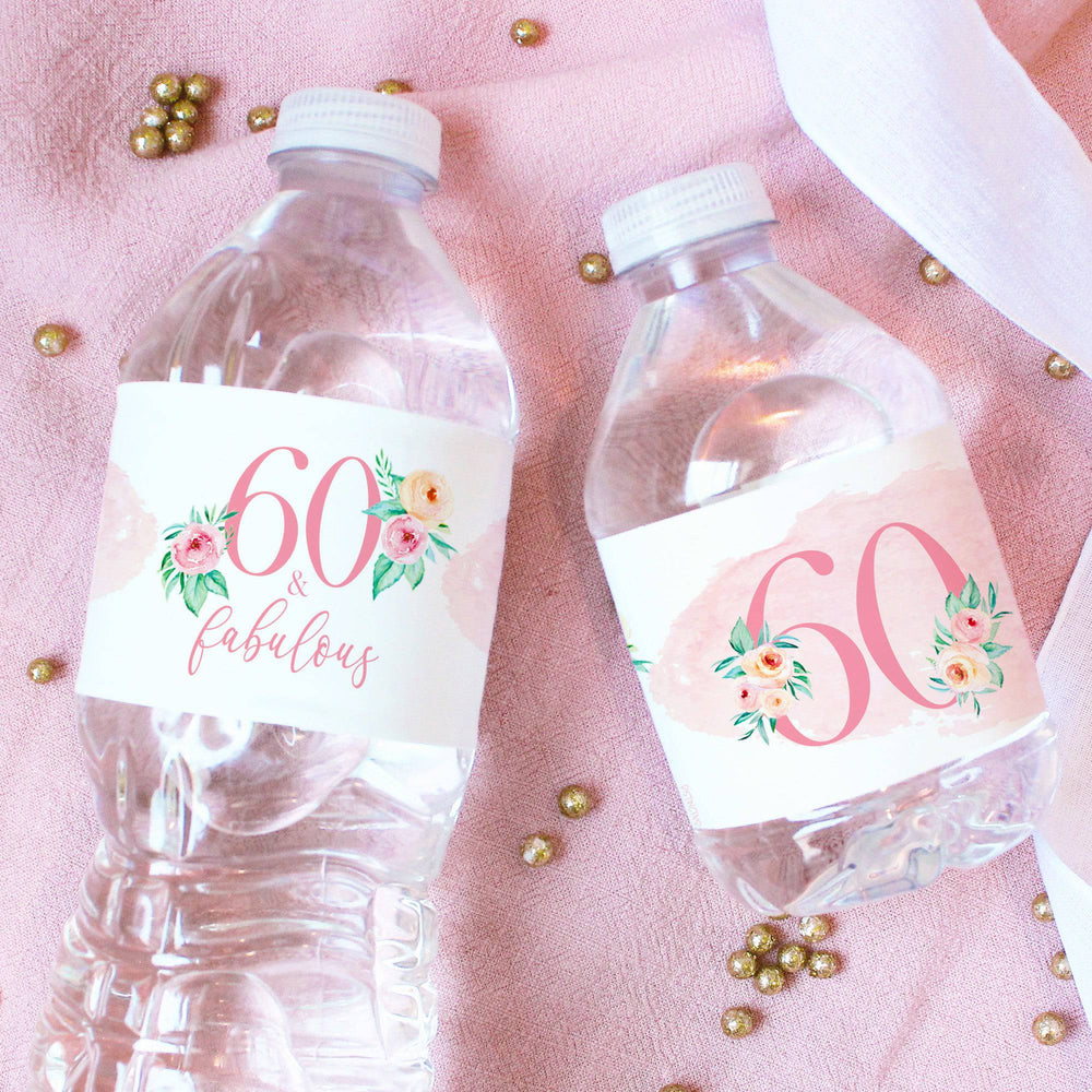 60th Birthday: Floral - Water Bottle Labels - 24 Waterproof Stickers - Distinctivs Party