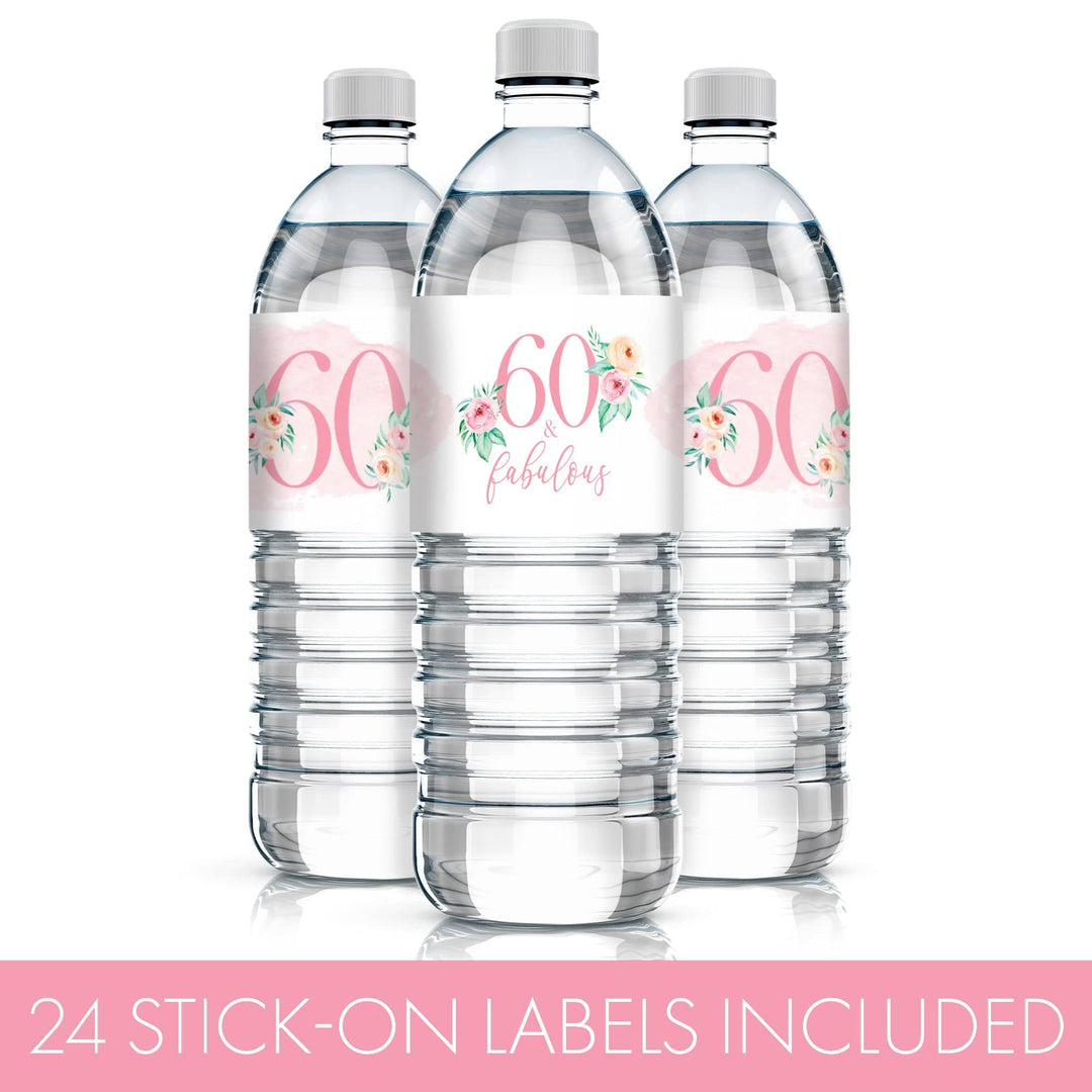 60th Birthday: Floral - Water Bottle Labels - 24 Waterproof Stickers