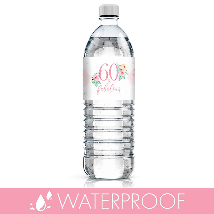 60th Birthday: Floral - Water Bottle Labels - 24 Waterproof Stickers